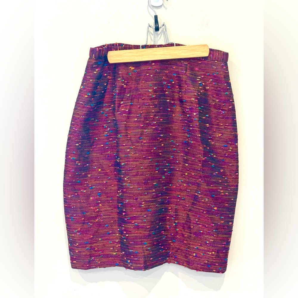 Vtg Bergamo By EBI Organza Skirt Womens 8 Maroon Multi Color Straight Slit Back